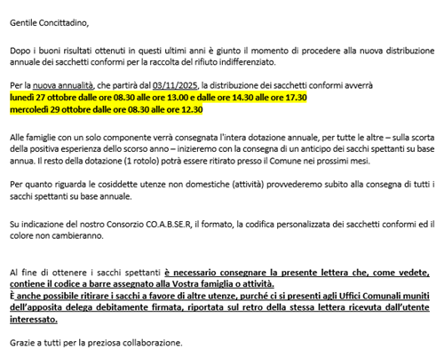 Distribuzione sacchi raccolta rifiuti