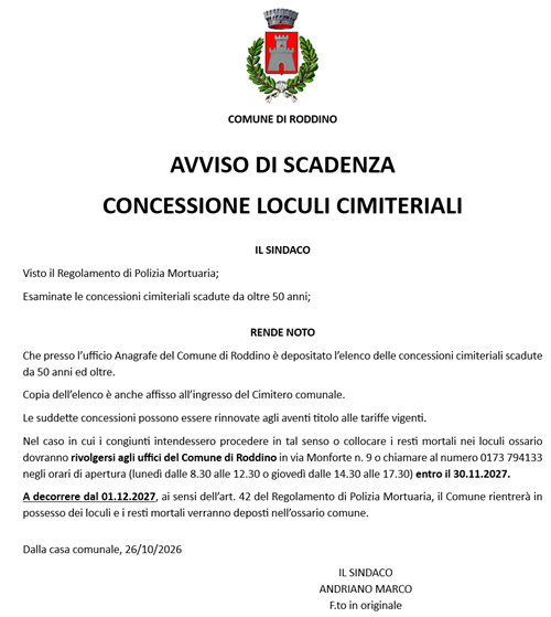Avviso di scadenza concessione loculi cimiteriali